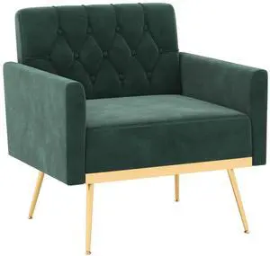 SlickBlue Modern Velvet Accent Chair with Button Tufted Back Golden Metal Legs and Adjustable Foot Pads-Green