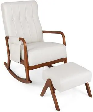 SlickBlue Rocking Chair with Ottoman and Solid Rubber Wood Frame and Padded Cushion-Beige