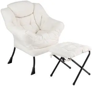 SlickBlue Modern Accent Chair with Folding Footrest and Head Pillow-Beige