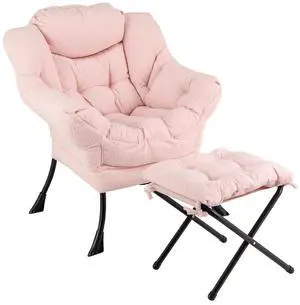 SlickBlue Modern Accent Chair with Folding Footrest and Head Pillow-Pink