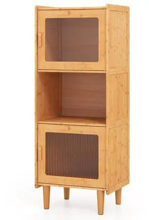 SlickBlue 3-Cube Bamboo Storage Cabinet with Open Compartment and 2 Acrylic Doors-Natural