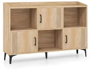 SlickBlue Sideboard Storage Cabinet Bookcase with 3 Doors and Open Compartments-Oak