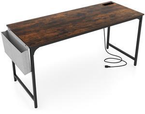 SlickBlue 60 Inch Computer Desk with Charging Station Storage Bag-Rustic Brown