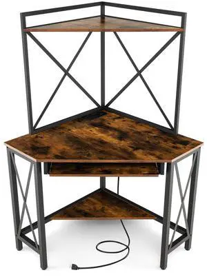 SlickBlue Space-Saving Corner Computer Desk with with Hutch and Keyboard Tray-Rust Brown