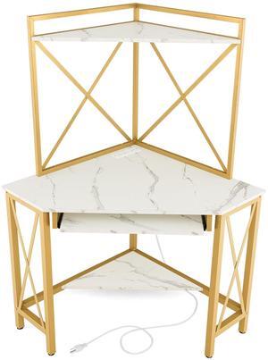 SlickBlue Space-Saving Corner Computer Desk with with Hutch and Keyboard Tray-White