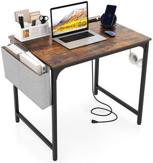 SlickBlue 32 Inch Home Office Desk with Charging Station Storage Bag and Headphone Hook-Rustic Brown