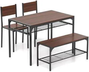 SlickBlue Industrial Style Rectangular Kitchen Table with Bench and Chairs-Walnut