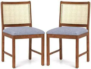 SlickBlue Rattan Dining Chair Set of 2 with Rubber Wood Frame and Linen Fabric Padded Seat-Walnut