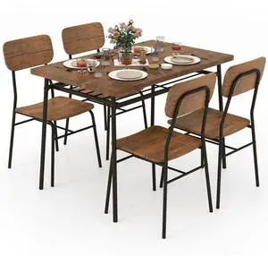 SlickBlue 5-Piece Table Set for 4 with Metal Frame and Storage Rack-Brown