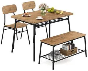 SlickBlue 4 Piece Dining Table Set for 4 Metal Frame with Bench and 2 Chairs-Brown
