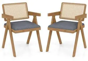 SlickBlue Set of 2 Rattan Accent Chairs with Padded Cushion and Rubber Wood Frame-Gray
