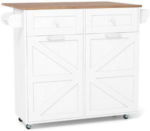 SlickBlue Rolling Kitchen Island with Trash Can Cabinet and Rubber Universal Wheels-White
