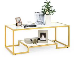 SlickBlue Modern 2-Tier Rectangular Coffee Table with Glass Table Top-Golden