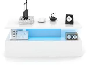 SlickBlue Modern 2-tier High Glossy Table with Adjustable Light Colors for Living Room-White