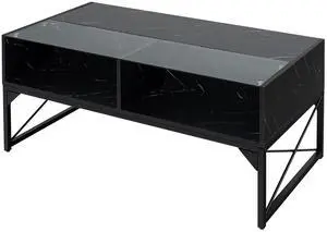 SlickBlue Center Table with Faux Marble and Tempered Glass Top-Black