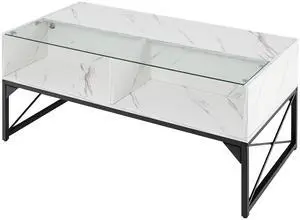SlickBlue Center Table with Faux Marble and Tempered Glass Top-White