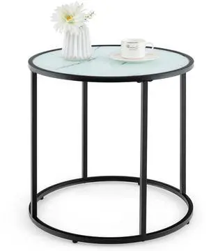 SlickBlue 20 Inch Glass End Table with Metal Frame and Faux Marble Glass Top-Black and White