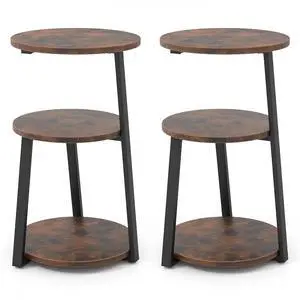 SlickBlue 3-Tier Accent Round Side Table with Metal Frame-Set of 2