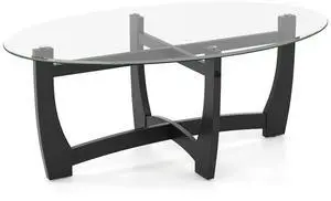 SlickBlue Oval Coffee Table with Tempered Glass Tabletop and Rubber Wood Legs-Black
