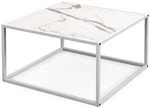 SlickBlue Modern Glass Square Coffee Table with Metal Frame for Living Room-White