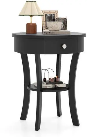 SlickBlue 2-Tier Wood Round End Table with Open Drawer-Black