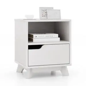 SlickBlue Mid Century Modern Bedside Table with Storage Drawer and Open Shelf-White