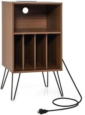 SlickBlue Record Player Stand with Charging Station for Living Room Bedroom-Walnut