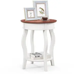 SlickBlue 2-Tier Round End Table with Storage Shelf and Solid Rubber Wood Legs-Walnut & White