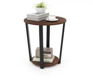SlickBlue Round End Table with Open Shelf and Metal Frame-Walnut