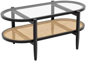 SlickBlue 2-Tier Coffee Table with Tempered Glass Tabletop and Acacia Wood Frame-Black