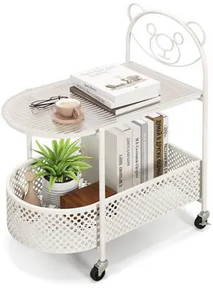 SlickBlue 2-Tier Mobile Glass Coffee Table with Bear Pattern-White