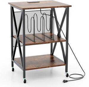 SlickBlue Mid-Century Record Player Stand with Built-in Charging Station-Rustic Brown
