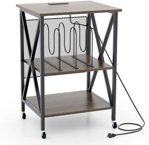 SlickBlue Mid-Century Record Player Stand with Built-in Charging Station-Gray