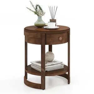SlickBlue 2-Tier Round End Table Mid Century Modern Nightstand with Drawer and Shelf