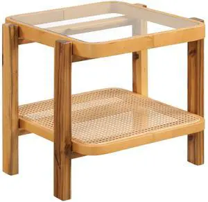 SlickBlue Rattan 2-Tier End Side Table with Tempered Glass Top Acacia Wood Legs-Brown