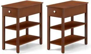 SlickBlue 3-Tier Narrow End Table with Drawer and Storage Shelves Set of 2-Brown