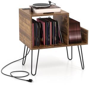 SlickBlue Mid-century Record Player Stand with Power Outlet and Vinyl Divider-Rustic Brown