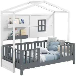 SlickBlue Twin Wood House Bed Montessori Floor Bed with 2 Shelves and Guardrails