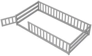 SlickBlue Twin Size Kids Wood Montessori Floor Bed with Door and Fence