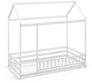 SlickBlue Twin Size Kids House Bed Wooden Floor Bed with Roof and Full-length Safety Guardrail