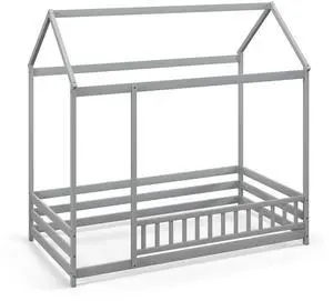 SlickBlue Twin Size Kids House Bed Wooden Floor Bed with Roof and Full-length Safety Guardrail