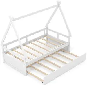 SlickBlue Twin Size House Bed with Trundle and Safety Guardrail
