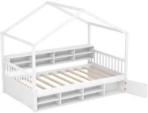 SlickBlue Twin Size House Bed with Roof with 14 Storage Cubes and Enclosed Cabinet