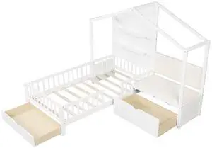 SlickBlue House Bed Kids Platform Bed with Padded Bench