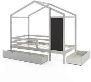 SlickBlue Kids  with 2 Drawers Solid Wood Bed with Blackboard