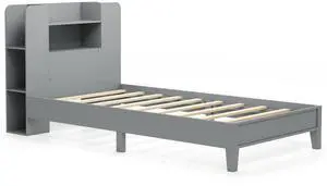 SlickBlue Wooden Platform Bed Frame with Bookcase Headboard