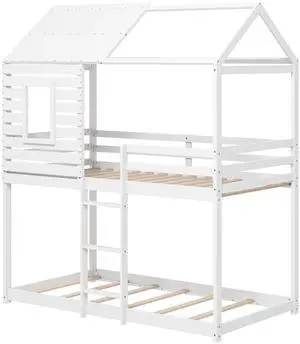 SlickBlue  House Bunk Bed with Roof and Full-length Guardrails