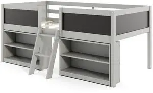 SlickBlue Kid Twin Size Low Loft Bed with Chalkboard Ramp Ladder and Bookcases