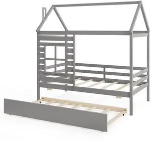 SlickBlue  Wooden Platform House Bed with Trundle and Roof