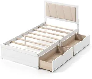 SlickBlue Solid Wood Structure Bed Frame with 2 Drawers Upholstered Headboard